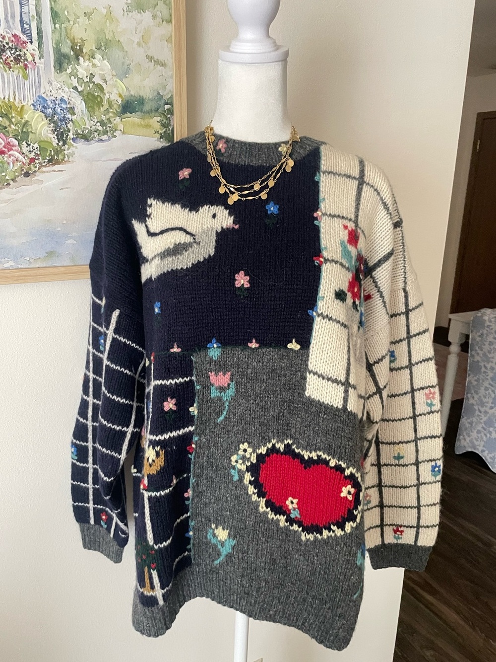 Susann D Vintage 90s Hand Knitted Patchwork Shetland Wool Granny Sweater Large